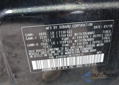 2019 Subaru Outback 2.5I Premium from USA, damaged, VIN 4S4BSAFC6K3299274